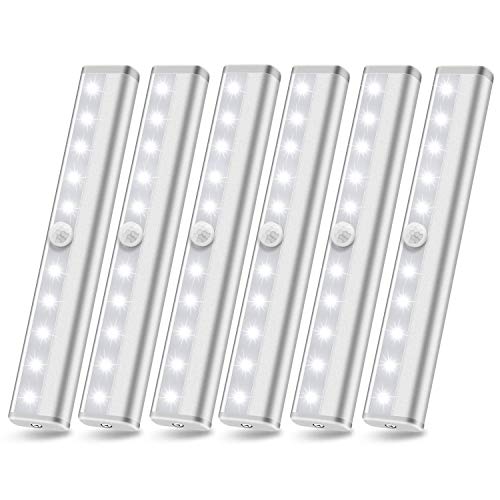 Motion Sensor Closet Lights, 10 Led Battery Powered Lights Led Under Cabinet Lighting Wireless Under Counter Light, Stick On Lights Motion Night Light Bar for Stairs Hallway Kitchen, White 6 Pack