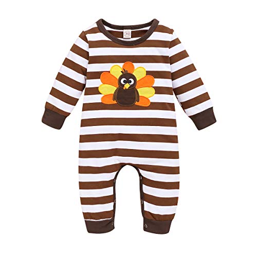 Yccutest Newborn Baby Thanksgiving Clothes Long Sleeve Stripe Jumpsuits Infant Bodysuit Toddler Romper Overall Outfits Boys Girls (Stripe Turkey,12-18 Months)