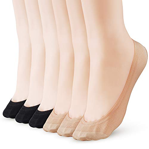 6 Pairs Women's No Show Socks Non Slip Cotton Invisible Hidden Thin Liner Socks for Flats Heels (Beige3Black3, Shoe Size 9-12)