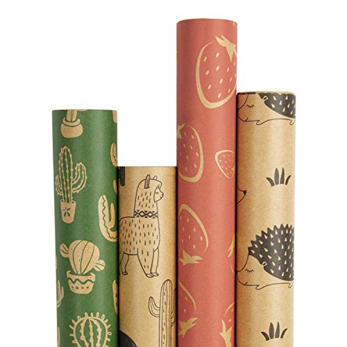 RUSPEPA Kraft Wrapping Paper Roll - Cactus/Strawberry/Alpaca/Hedgehog Printed Great for Congrats, Holiday and Special Occasion - 4 Roll - 30 inches X 10 feet Per Roll