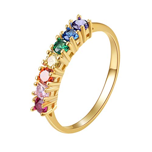 E 18K Gold Plated Rainbow Eternity Band Ring, Colorful Round AAA Cubic Zirconia Anniversary Ring for Women, Size 8