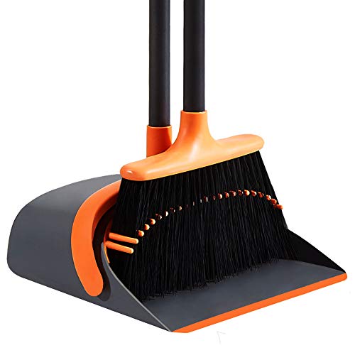 SANGFOR Dust Pan and Broom Set Cleans Broom and Dustpan Set Upright Stand Up Dustpan Broom Combo with Long Handle for Home Kitchen Room Office Lobby Floor Use (Orange)