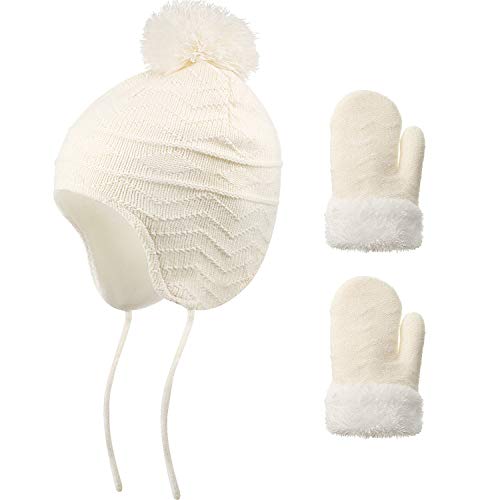 Winter Hat and Mitten Gloves Set Fleece Lined Knit Kids Hat with Earflap and Warm Fleece Knit Thick Gloves for Baby Kids Toddler（1-3 Year Old） White