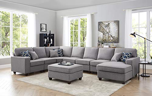 Lilola Home Irma Light Gray Linen 8Pc Modular Sectional Sofa Chaise and Ottoman