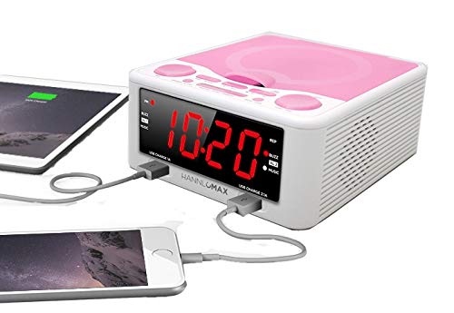 HANNLOMAX HX-300CD Top Loading CD Player, PLL FM Radio, Digital Clock, 1.2 Inches Red LED Display, Dual Alarms, Dual USB Ports for 2.1A and 1A, AC/DC Adaptor Included (White_Pink)