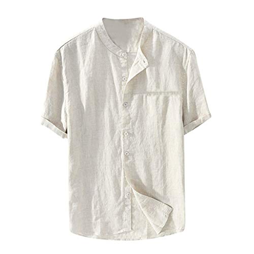 Men's Short Sleeve Cotton Shirt Solid Color Casual Vintage T-Shirt Loose Top Khaki