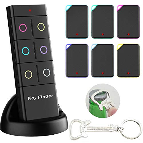 ALOCIAM Key Finder with Guitar Bottle Opener and Open Key Rings, Wireless Item Tracker Upgrades Battery Life, 1 Remote Control 6 Receivers for Key, Wallet and Pet