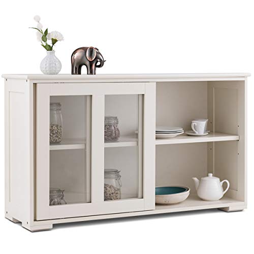 Costzon Kitchen Storage Sideboard, Antique Stackable Cabinet for Home Cupboard Buffet Dining Room (Cream White with Sliding Door Window)