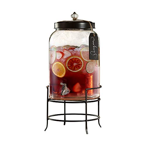 Style Setter 210235-GB 3 Gallon Glass Beverage Drink Dispensers with Metal Stand & Lid, Tag and Ceramic Knob, 10x17, Clear