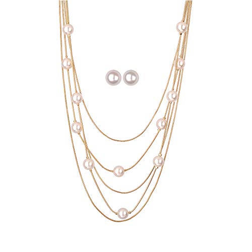Jones New York White Pearls Multistand Gold Long Necklace Set with Pearl Earrings