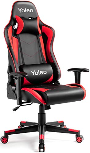 Gaming Chair - Yoleo Ergonomic Office Gamer Chair High Back, Computer Gaming Chair Backrest & Seat Height Adjustment, Executive Racing Swivel Desk Chair with Lumbar Support & Headrest - Black/Red