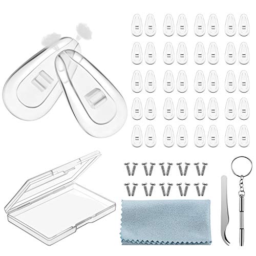 Eye Glasses Nose Pads, Eye Glasses Repair Kit, Screw-in Nose Pad, Soft Silicone Glasses Nose Pads with Screws Screwdriver Tweezers Cleaning Cloth (20 Pairs)