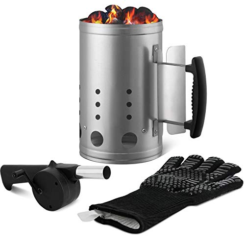 Charcoal Chimney Starter Set Charcoal Chimney Lighter Can A 1472℉ Heat Resistant Grill Glove Portable BBQ Fan Air Blower Outdoor Cooking Charcoal Accessories