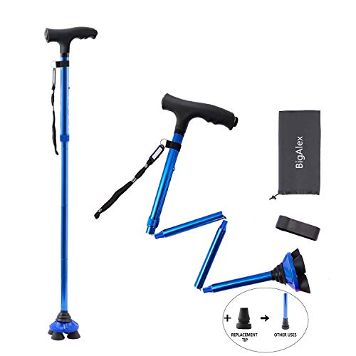 BigAlex Folding Walking Cane with LED Light,Pivoting Quad Base,Adjustable Walking Stick with Carrying Bag for Man/Woman （4'9''-5'6'' Blue ）