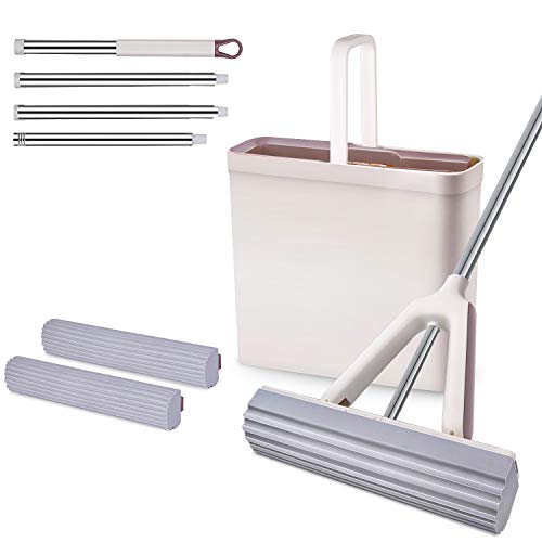 MOOSOO Sponge Mop and Bucket Set with 2 Pcs Self Cleaning&Super Absorbent PVA Sponge Hands-Free Mop Heads, 4 Extendable Handle for Hardwood Laminate Tile Marble Ceramic Floors