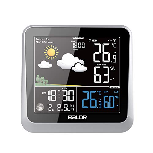 BALDR Wireless Weather Station, Digital Indoor Outdoor Thermometer Hygrometer, Color LCD Display Temperature Humidity Monitor with External Sensor, Forecast Station with Calendar and Clock