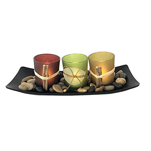 Lovecat Votive Glass Candlestick Cup Set, Natural Candlescape Tealight Holder Set, 3 Candleholder Cups with Wooden Tray Stones, Home Decor Candle Holders