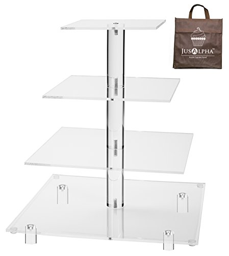 Jusalpha Large 4 Tier Square Acrylic Cupcake Tower Stand-Cake Stand-Dessert Stand-Cupcake holder-Pastry serving platter-Candy Bar Party Décor-Party Supply(4 Tier With Rod Feet) (4SF-V2)