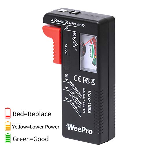 Battery Tester Checker by WeePro - Universal Battery Tester Monitor for AA AAA C D 9V 1.5V Button Cell Batteries - Household Battery Life Level Testers Power Meter