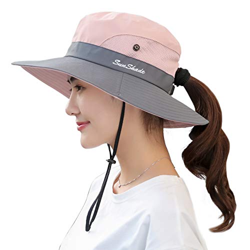 Muryobao Women's Sun Hat Outdoor UV Protection Foldable Mesh Bucket Hat Wide Brim Summer Beach Fishing Cap Pink