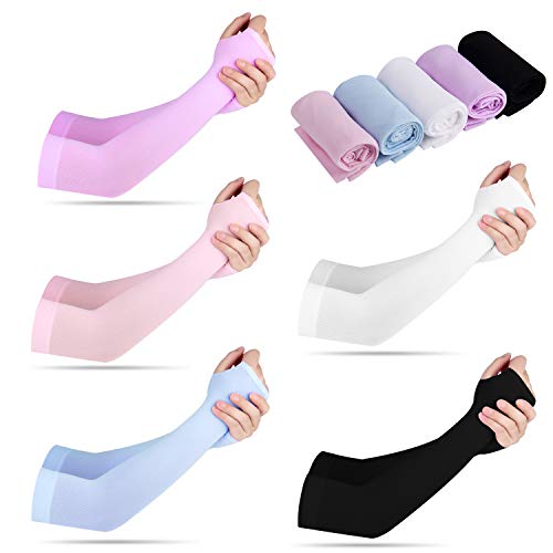 10 Pairs Sun Protection Sleeves UV Protection Cooling Sleeves Arm Sleeves Men Women Sports Sun Sleeves with Thumb Hole for Driving, Golfing, Fishing, Cycling, Hiking, Doing Sports (5 Colors) by HRLOR