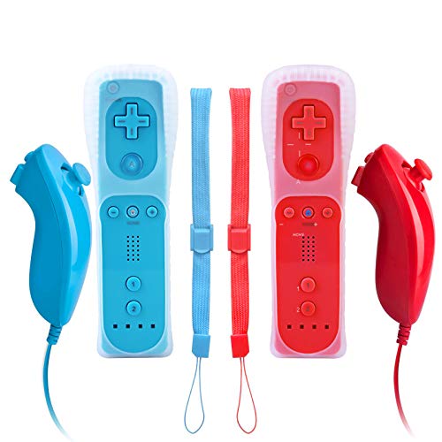 Vinklan Wii Remote Controller and Nunchuck Joystick with Silicone Case for Nintendo Wii and Wii U Console (Set of 2,Blue and Red)