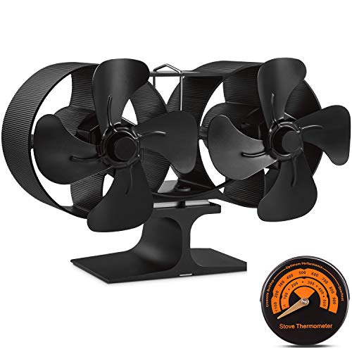 Slivek Stove Fan, 8-Blades Twin Motor Double Heat Powered Fireplace Fan with Thermometer for Wood, Log Burner, Fireplace