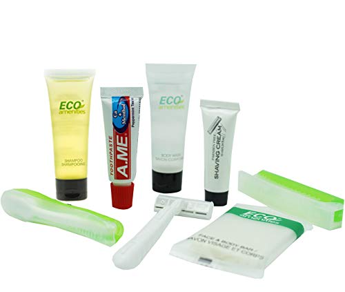 ECO Amenities All-in-Kit Travel Toiletries Bag, 6-Piece Mini Sized Travel Accessories in a Hygenic PVC Bag, 18 Kits