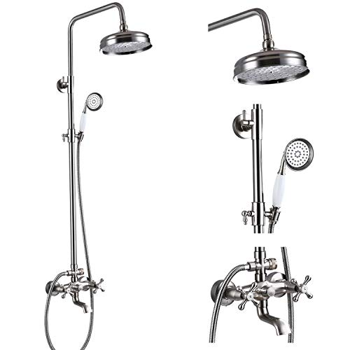 Brushed Nickel Bathtub Shower Faucet System 8-inch Rainfall Showerhead with Handheld Spray Dual Cross Knobs Handles Wall Mounted Triple Function Shower Unit