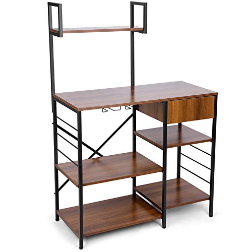 amzdeal Kitchen Bakers Rack with Storage Drawer, 4-Tier Microwave Stand with Glass Holder, Microwave Oven Cooking Cart, 51.5Hx35.4Lx15.7W Inch, Kitchen Utility Storage Shelf, Vintage Brown