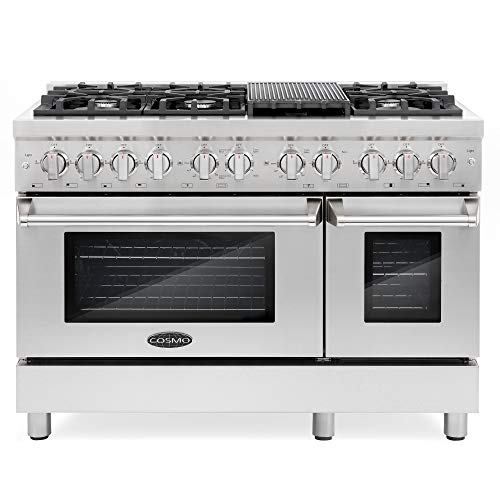 Cosmo DFR486G 48 inch Freestanding Dual Fuel Range | 6 Sealed Burner Rangetop, Double Convection Oven with Light, Cast-Iron Grate Stovetop/Griddle, Metal Stove Heat Control in Stainless Steel