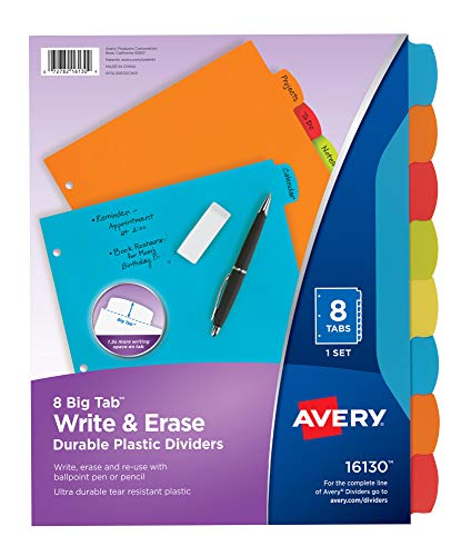 Avery 16130 Big Tab Write & Erase Durable Plastic Dividers, 8 Multicolor Tabs, 1 Set