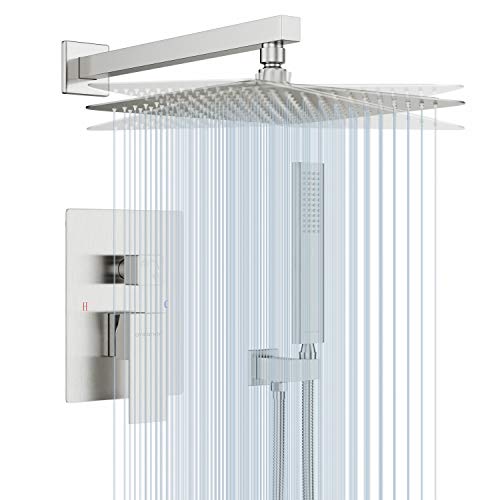 EMBATHER Shower System- Brushed Nickel Shower Faucet Set for Bathroom- State-of-the-art Air Injection Technology- 12' Square Rain Shower Head- Easy Installation- Eco-Friendly