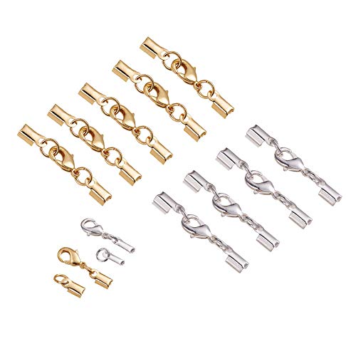 PH PandaHall 20 Sets Brass Lobster Claw Clasps Fold Over Cord End Caps Terminators Crimp End Tips for Jewelry Making, Silver & Golden