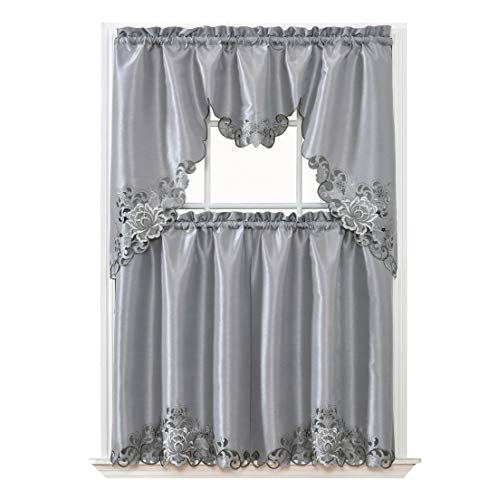 GOHD Golden Ocean Home Decor Passionate Bloom Kitchen Curtain Set Swag Valance and Tier Set. Nice Embroidery on Faux Silk Fabric with cutworks. (Silver Grey)