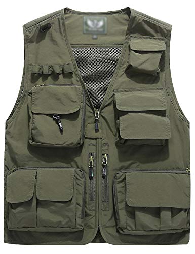 Flygo Men's Casual Lightweight Outdoor Travel Fishing Vest Jacket Multi Pockets (Large, Army Green)