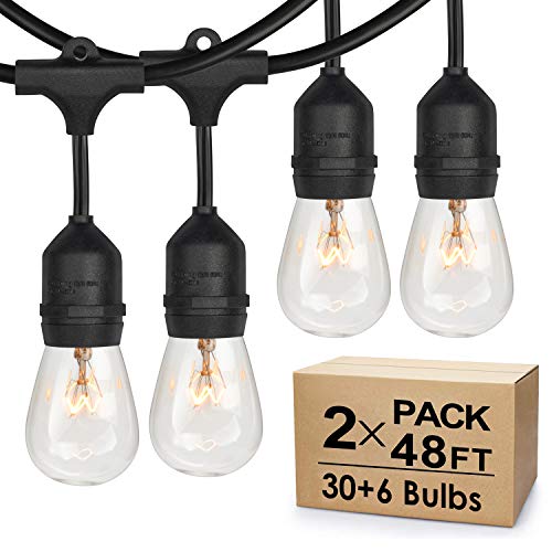 2-Pack Dimmable Outdoor String Lights for Patio, Waterproof Hanging Vintage 11W Edison Bulbs, 48Ft Commercial Lights String Perfect for Cafe Bistro Backyard Pergola, Blk(96ft)