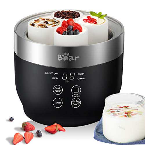 Greek Yogurt Maker Machine Bear, Automatic Digital Yogurt Maker with Timer & Temperature Control, Machine for Yogurt with 4 Ceramic Cups 4.2oz and 2 Glass Jars 33.8oz & Lids, Organic Yogurt Cheese Rice Vine for Kids Home Use, Black