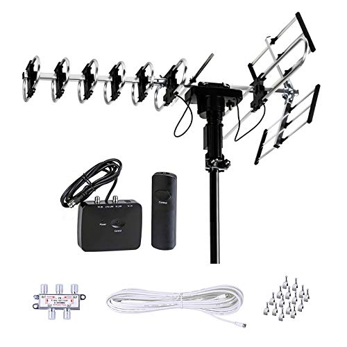 FiveStar Outdoor HD TV Antenna 2019 Newest Model Up to 200 Miles Long Range with Motorized 360 Degree Rotation, UHF/VHF/FM Radio with Infrared Remote Control Advanced Design Plus Installation Kit