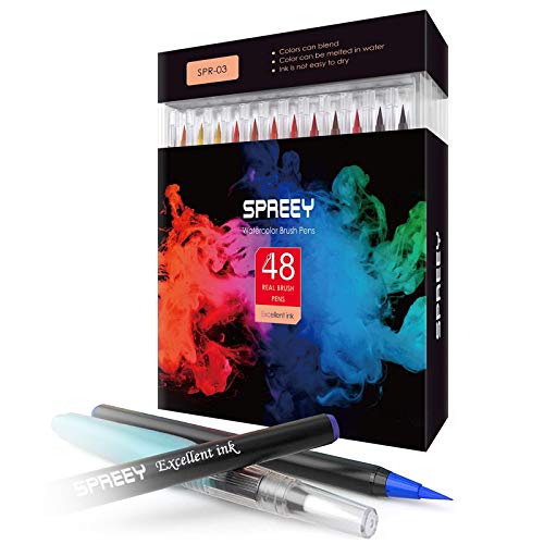 SPREEY Watercolor Brush Pens 48colors with Bonus Refillable Water Brush Highly Water-Soluble Ink Made in Japan for Painting, Coloring, and Watercolor Effects, for Adults and Kids