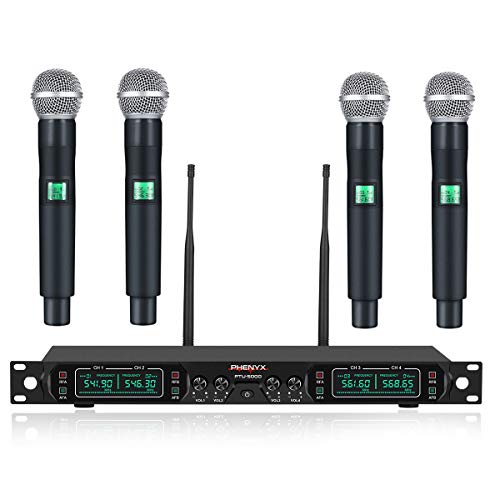 Wireless Microphone System, Phenyx Pro 4-Channel UHF Cordless Mic Set With Four Handheld Mics, All Metal Build, Fixed Frequency, Long Range 260ft, Ideal for Church,Karaoke,Weddings, Events (PTU-5000A)