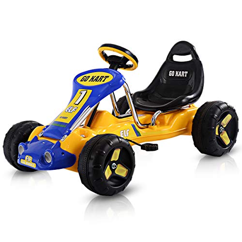 Costzon Go Kart, 4 Wheel Ride on Car, Pedal Powered Ride On Toys for Boys & Girls with Adjustable Seat, Pedal Cart for Kids 37'× 24.8'× 20.1' (Yellow)