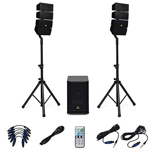 AKUSTIK 12 Inch 3000 Watt DJ Powered PA Speaker System Combo Set, 8 X Line Array Speakers Set with EQ, Active Subwoofer, 2 Speaker Stands, Remote Control & Bluetooth/USB/SD/RCA