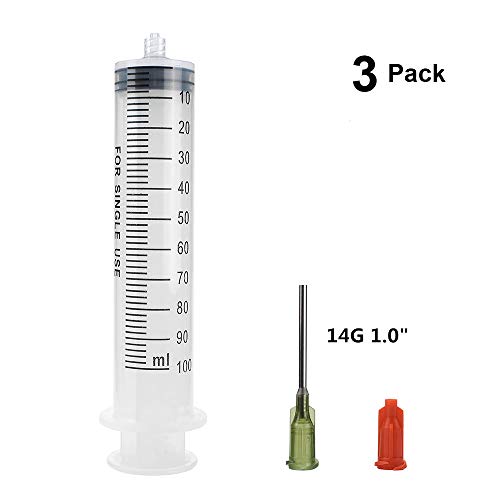3 Pack 100ml Syringes with 14G 1.0'' Blunt Tip Needles and Storage Caps(Luer Lock), Plastic Reusable Syringe for Glue Applicator, Oil Dispensing Multiple Uses