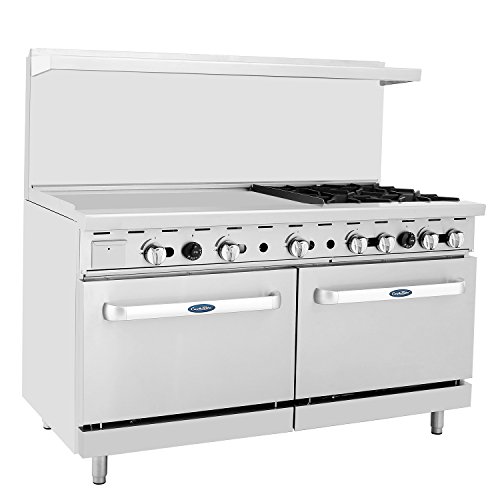 CookRite Commercial Natural Gas Range 4 Burner Hotplates With 36' Manual Griddle 2 Standard Ovens 60'' Restaurant Range - 229,000 BTU