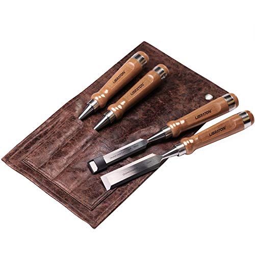 Libraton Wood Chisel Professional 4pcs Cr-V Wood Handle Chisel Set with Leather Pouch for woodworking