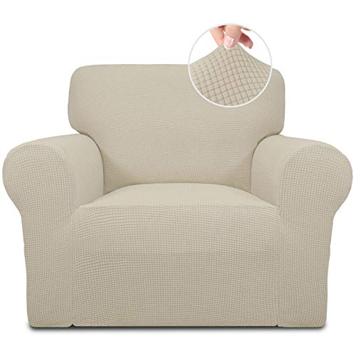 Easy-Going Stretch Chair Sofa Slipcover 1-Piece Couch Sofa Cover Furniture Protector Soft with Elastic Bottom for Kids. Spandex Jacquard Fabric Small Checks(Chair,Ivory