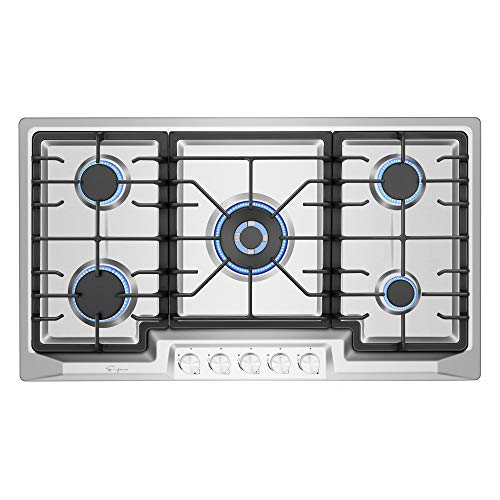 Empava EMPV-36GC23 36 Inch Stainless Steel Gas Cooktop Professional 5 Italy Sabaf Burners Stove Top Certified with Thermocouple Protection Silver