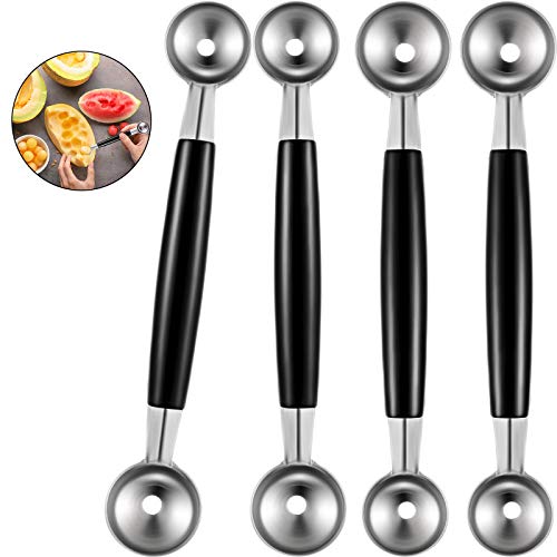 4 Pieces Double-sided Melon Baller Stainless Steel Melon Ballers Melon Scoop for Watermelon Ice Cream (Black)