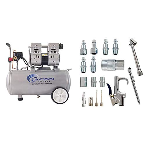 California Air Tools 8010 Ultra Quiet & Oil-Free 1.0 hp Steel Tank Air Compressor, 8 gal, Silver & Accessory Kit, 17 Piece Compressor Inflation Kit, with Blow Gun, Air Chucks, Inflation Needles